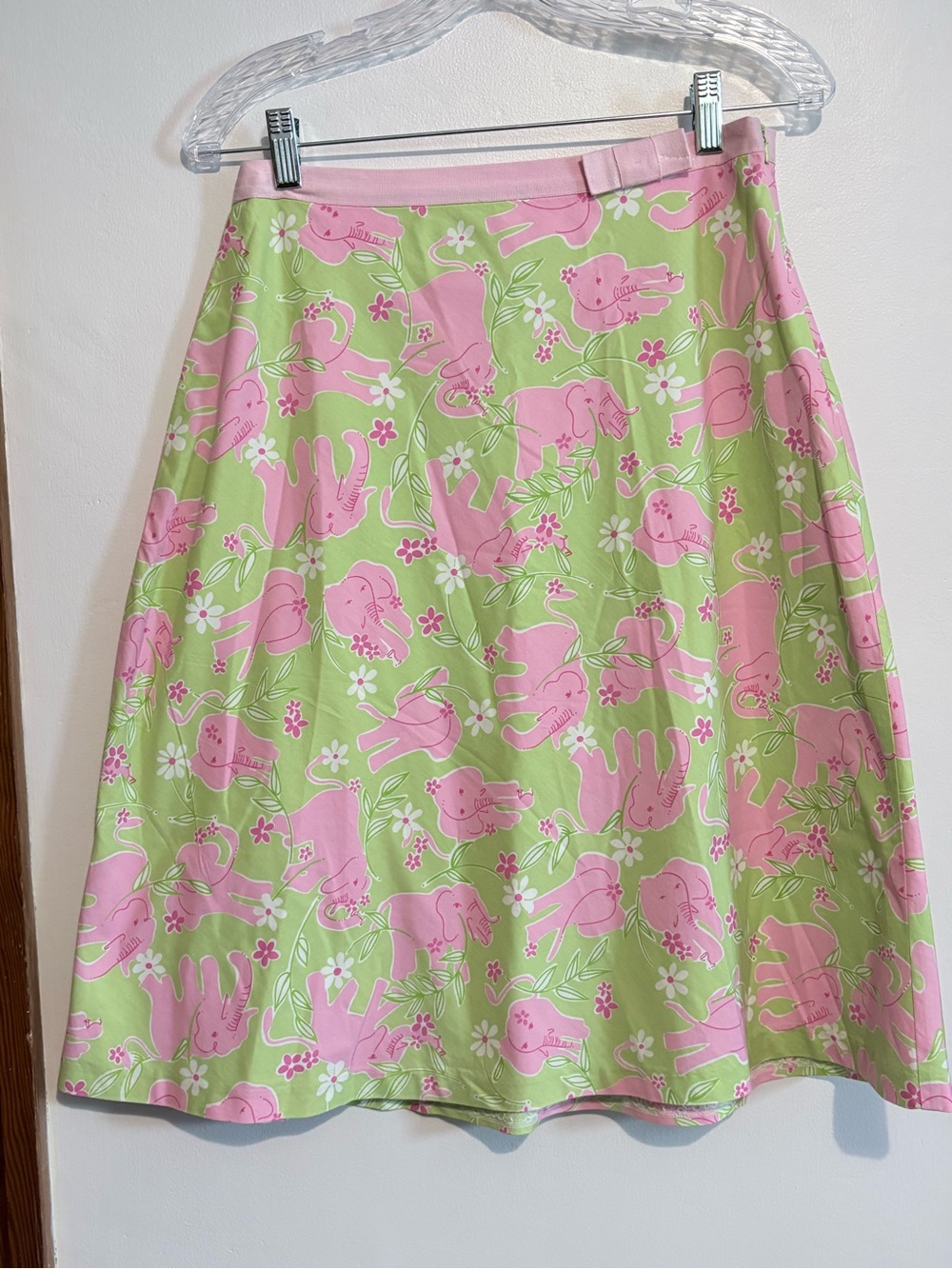 Lilly Pulitzer Vintage Pink Elephant Print A-Line Skirt in Light Green